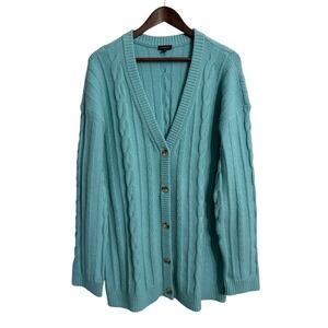Talbots cable knit cardigan sweater womens XL aqua wool blend spring chunky work